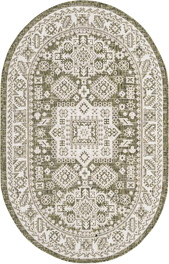 Rugs.com Outdoor Aztec Collection Rug – 3' x 5' Oval Green Flatweave Rug Perfect for Living Rooms, Large Dining Rooms, Open Floorplans