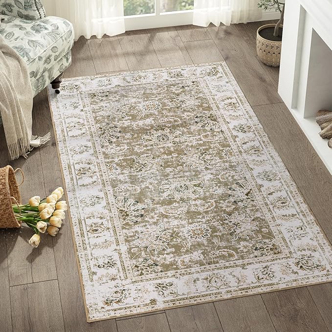 jinchan Fiora Washable Area Rug 3x5 Entryway Rug - Distressed Vintage Floral Ultra-Thin Low-Pile Soft Non-Shedding Indoor Floor Carpet for Kitchen Bedroom Entrance Laundry Living Room(3x5ft, Taupe)