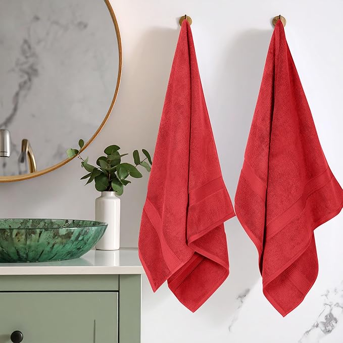 Superior Egyptian Cotton Pile Bath Towel Set of 2, Ultra Soft Luxury Towels, Thick Plush Essentials, Absorbent Heavyweight, Guest Bath, Hotel, Spa, Home Bathroom, Shower Basics, Red
