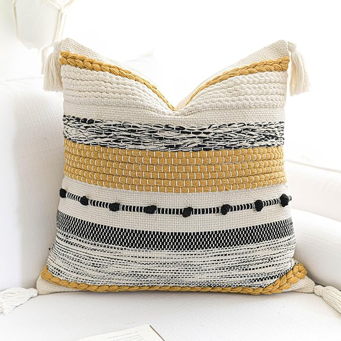 BlissBlush Yellow Mustard Decorative Throw Pillow Cover 18x18 Square Boho Accent Pillowcase Tassels Farmhouse Cushion for Couch Sofa Bedroom Living Room Home Décor Cover ONLY