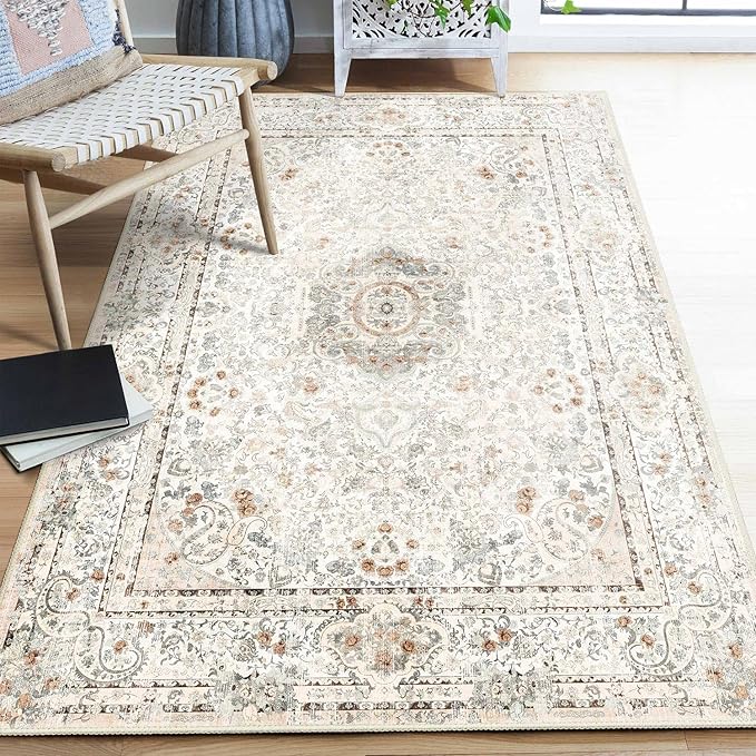 Boho Rug 4'x6.5',Washable Area Rugs for Bedroom Living Room Kitchen Entryway,Small Vintage Bohemian Distressed Non Slip Carpet,Beige