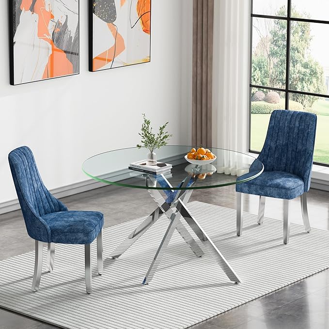 Round Glass Dining Table Set for 2, 47'' Clear Circular Kitchen Table and Chairs Set, 3PCS Modern Circle Dining Room Table Set with 2 Dining Chair for Home
