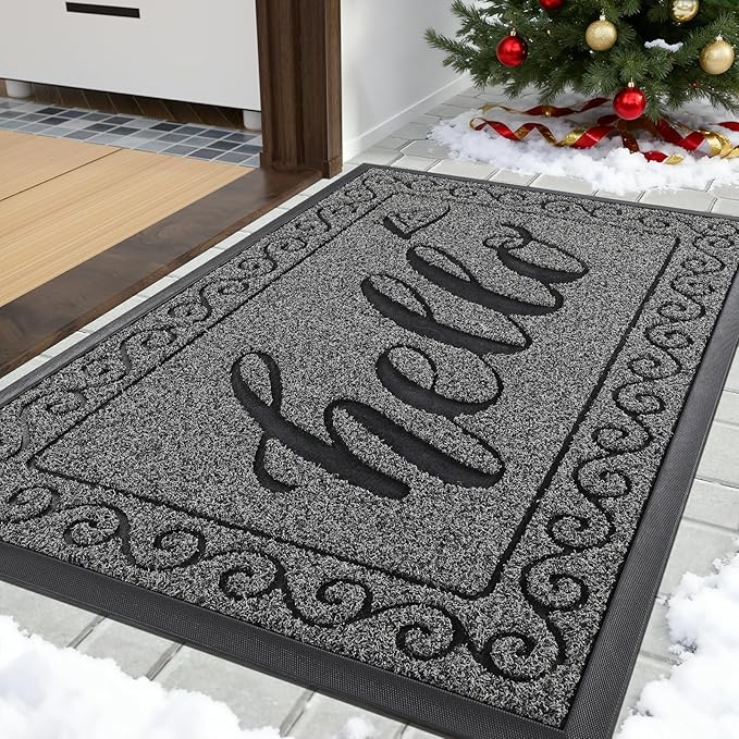 Yimobra Welcome Mats for Front Door 29.5x17, Heavy Duty Waterproof Outdoor Door Mat Outside Entrance, Non-Slip Low Profile Indoor Entryway Mat for Garage Patio, Black Gray
