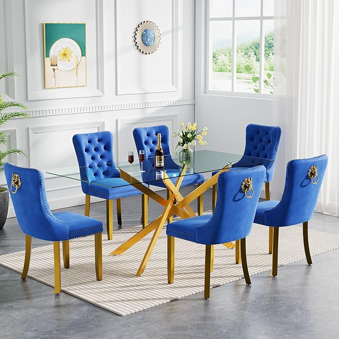 HomVent 7 Piece Rectangular Glass Dining Table Set, Tempered Glass Dinner Table Set for 6 Kitchen Table Set with 6 Velvet Upholstered Chairs for Kitchen Dining Room