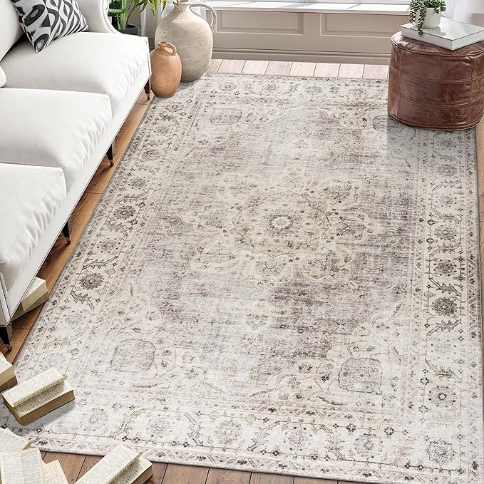 ReaLife Rugs Machine Washable Area Rug - Living Room Bedroom Bathroom Kitchen Entryway Office - Padded Low Pile Stain Resistant Premium - Boho Farmhouse Vintage - Joy - Beige Ivory 6' x 8'