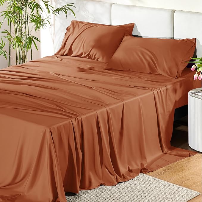 Bedsure Full Size Bed Sheets, Cooling Sheets, Rayon Derived from Bamboo, Breathable & Soft, Deep Pocket Up to 16 Inches, Hotel Luxury Silky Bedding for Hot Sleepers, Burnt Orange