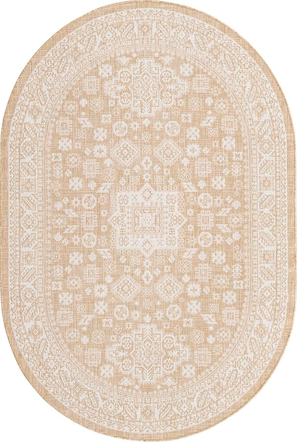 Rugs.com Outdoor Aztec Collection Rug – 5' x 8' Oval Natural Flatweave Rug Perfect for Living Rooms, Large Dining Rooms, Open Floorplans
