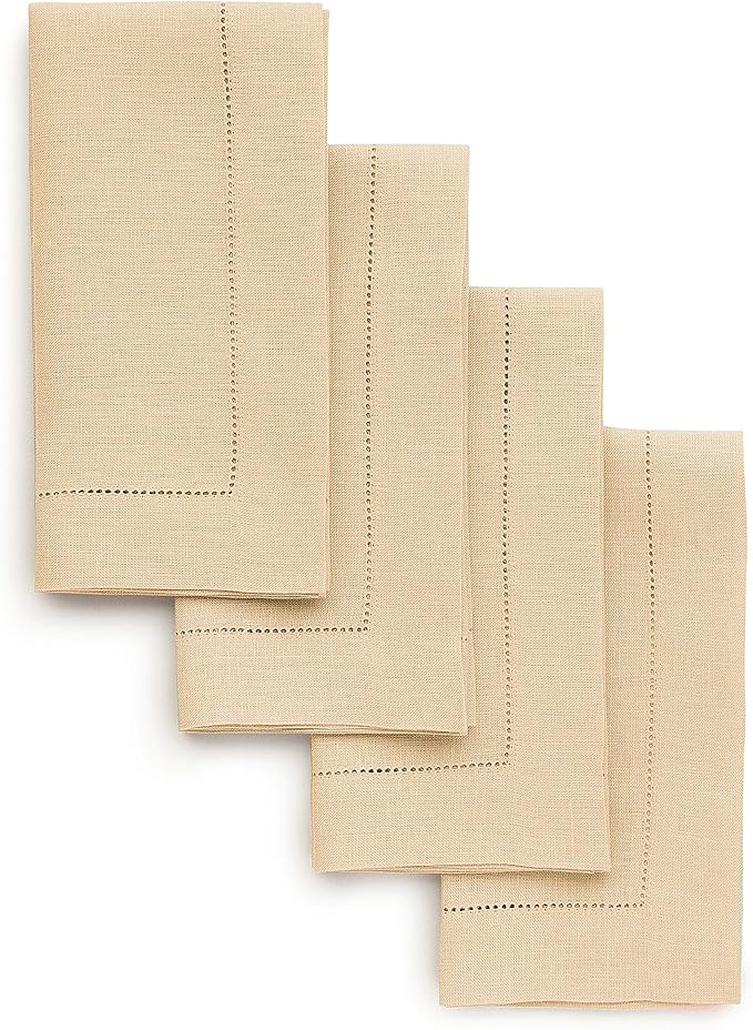 Solino Home Linen Napkins Set of 4 - Classic Hemstitch 100% Pure Linen Beige Dinner Napkins Cloth 20 x 20 Inch for Christmas, New Year - Handcrafted and Machine Washable