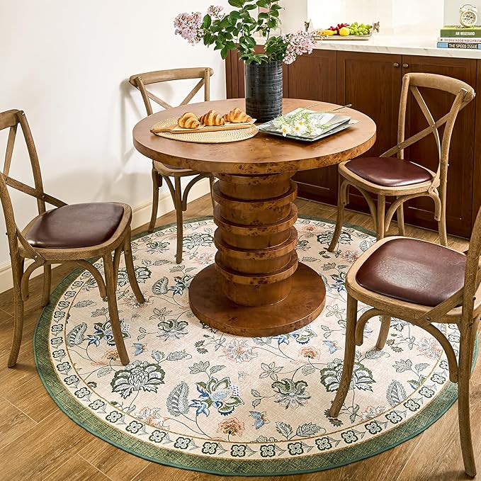 jinchan Elora 6ft Floral Round Rug for Washable Living Room Rug Vintage Romance Christmas Design Non Slip Indoor Floor Cover Lightweight Low-Profile Throw Carpet for Bedroom Patio, Green/Beige