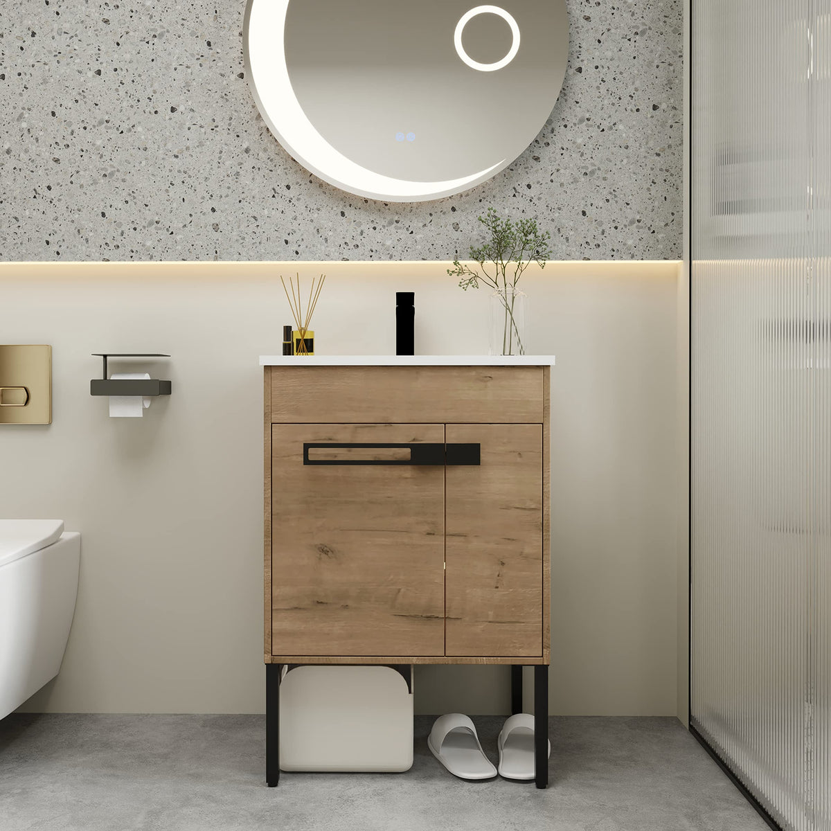 San Merah 24 Inch Bathroom Vanity with Sink,Floating/Freestanding Dual Mounted Bathroom Vanity Sink Combo for Small Space with 2 Soft Close Doors&1 Adjustable Shelf,Brown