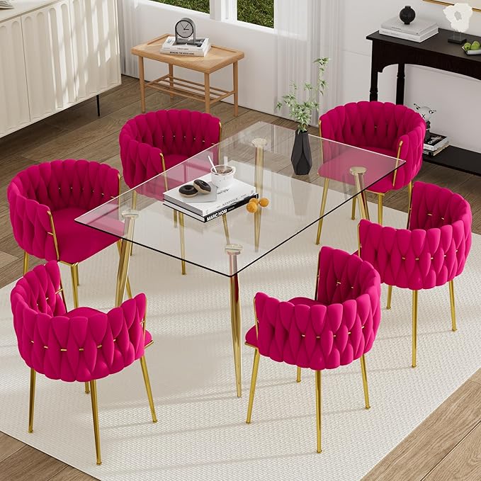 Modern Gold Glass Dining Table Set for 6, 51'' Clear Minimalist Glass Top Rectangular Dinner Table Set, 7 PCS Small Luxury Kitchen Table Set, Rose Red Woven Chair for Apartment Living Room