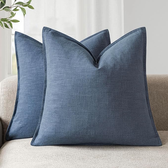 Foindtower Pack of 2, Decorative Ramie Cotton Throw Pillow Covers Soft Accent Euro Cushion Case Farmhouse Neutral Pillowcase for Chair Couch Sofa Bedroom Living Room Home Decor 22 x 22 Inch Dark Blue