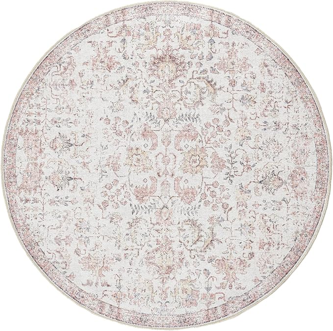 jinchan Kalen Round Rug 8ft Area Rug Washable Vintage Indoor Retro Accent Floor Cover Distressed Floral 8' Round Circle Boho Non Slip Thin Carpet for Living Room Dining Room Bedroom Kitchen Red