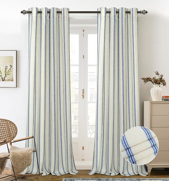 DriftAway Farmhouse Linen Blend Blackout Curtains 108 Inches Long for Bedroom Vertical Striped Printed Linen Curtains Thermal Insulated Lined Treatments for Living Room 2 Panels W52 x L108 Navy