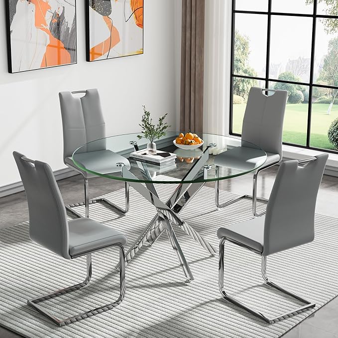 HomVent Round Glass Dining Table Set for 4, 5-Piece Modern Kitchen Table Set with 4 PU Upholstered Chair for Kitchen Dining Room, Glass Dining Room Table Set