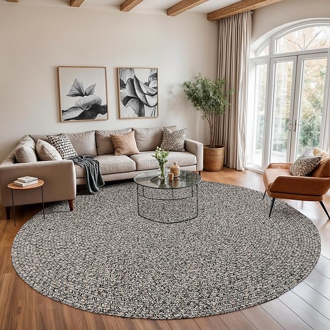 Seasons SE85 Fall Charcoal 8' x 8' Round - Braided Area Rug, Home Decor, Floor Mat or Bedroom Rug - Easy Care, Ideal for High Traffic Areas in Hallway and Living Room - Made in USA