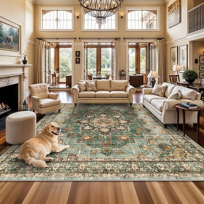 Washable Oriental Area Rug - 12x12 Rugs for Living Room Soft Carpet for Bedroom Waterproof Floral Distressed Indoor Stain Resistant Non-Shedding Floor Carpets (Green, 12x12)
