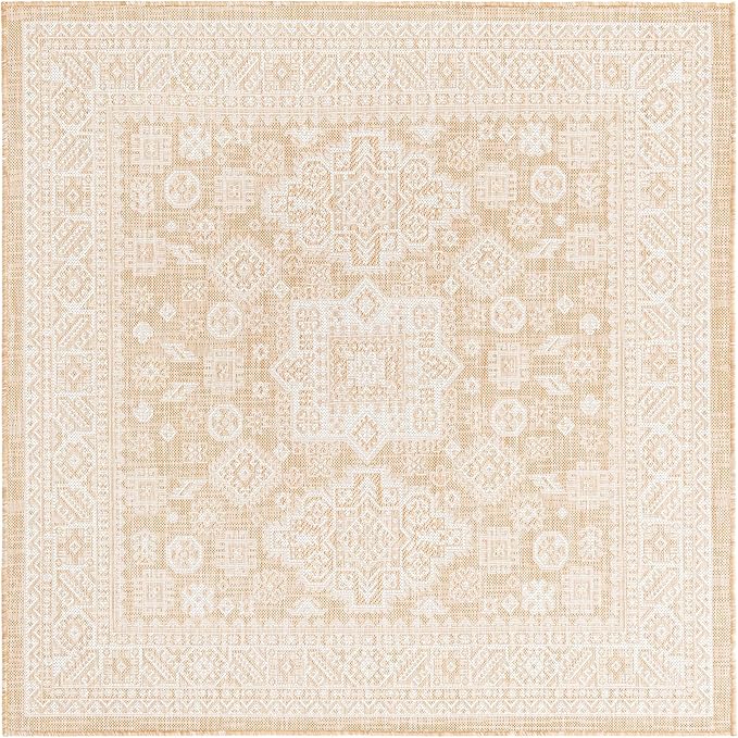 Rugs.com Outdoor Aztec Collection Rug – 5 Ft Square Natural Flatweave Rug Perfect for Living Rooms, Kitchens, Entryways