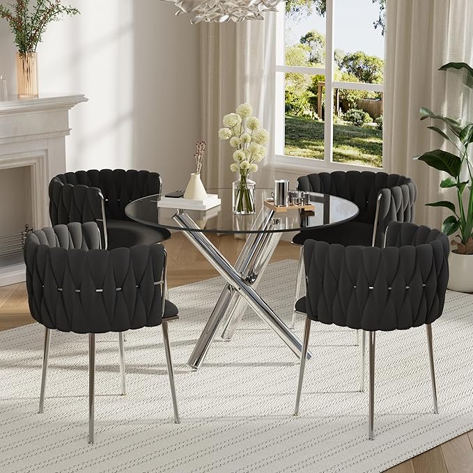 Modern Luxury Round Glass Dining Table Set for 4, 36'' Clear Circle Glass Top Kitchen Set, 5 PCS Small Minimalist Circular Dinner Room Set, Black Woven Chair, for Breakfast Nook (Silver)
