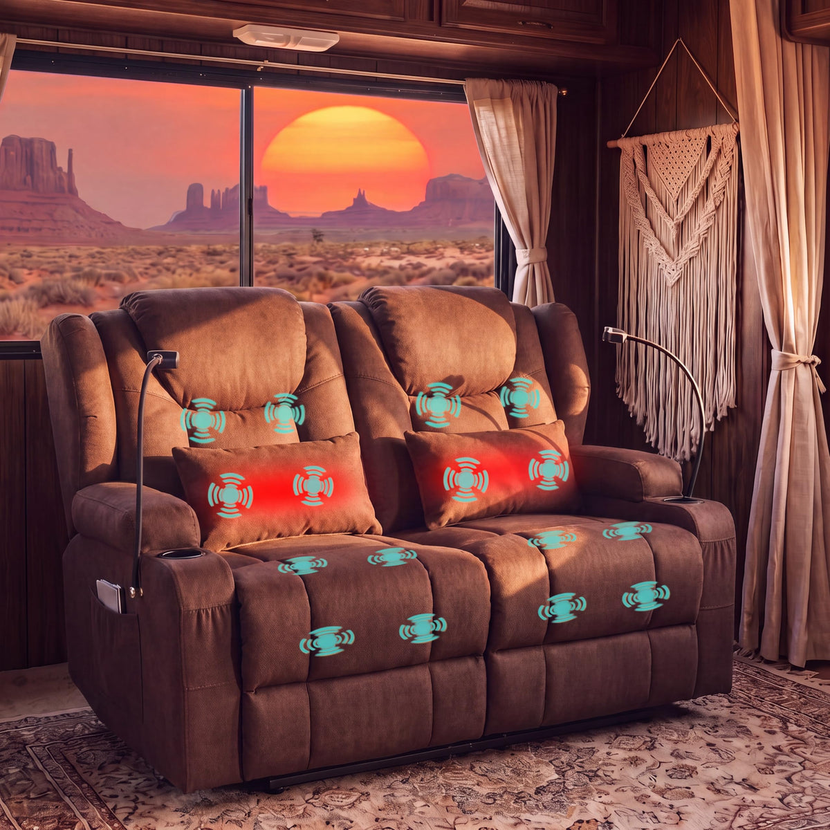 Roomark Loveseat Recliner with Massage and Heat, Wall Hugger Manual Recline Sofa for RV,Home Theater Seating,Living Room,Small Space Apartment, Cup Holders Included,Misty Brown