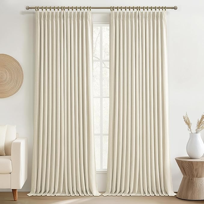 Cream Extra Wide 70 Inch Blackout Curtains 90 Inches Long for Dining Room 2 Panels Set, Memory Trained Pinch Pleated Thermal Sound Dampening Double Layer Linen Blend Ivory Windows Drapes 70x90 Length