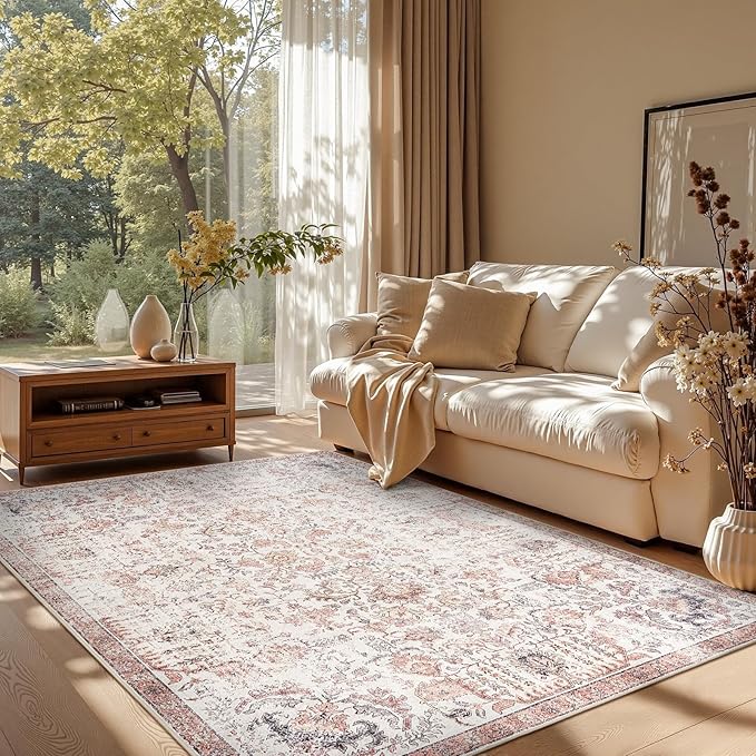 jinchan Kalen Area Rug 5x7 Washable Living Room Rug Vintage Indoor Floor Cover Retro Accent Mat Distressed Floral Country Boho Non Slip Thin Carpet for Bedroom Kitchen Dining Room Office Red Multi