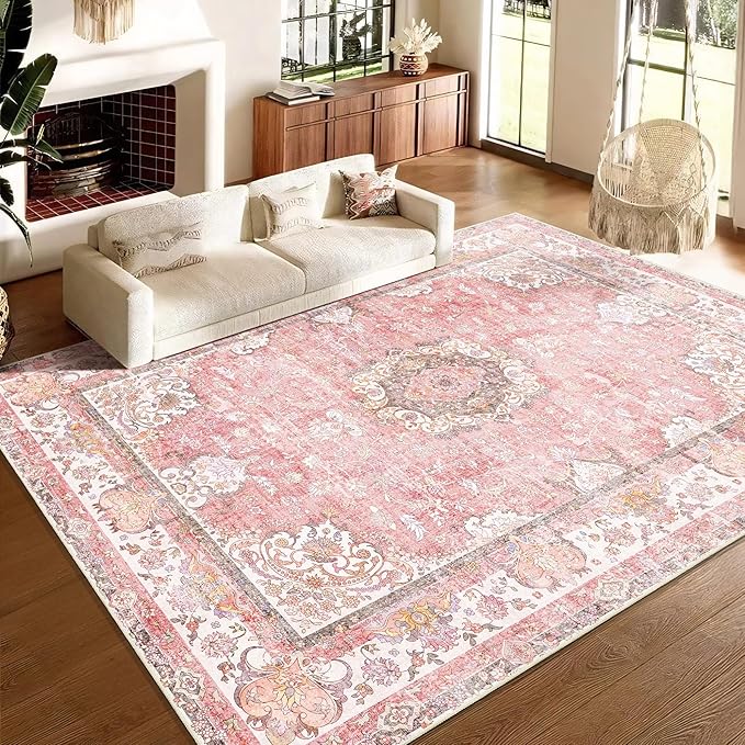 9'x12' Area Rugs Washable,Large Pink Rug for Living Room Bedroom Dining Room,Boho Vintage Bohemian Distressed Oriental Carpet Non Slip,Blush Floral Flowers