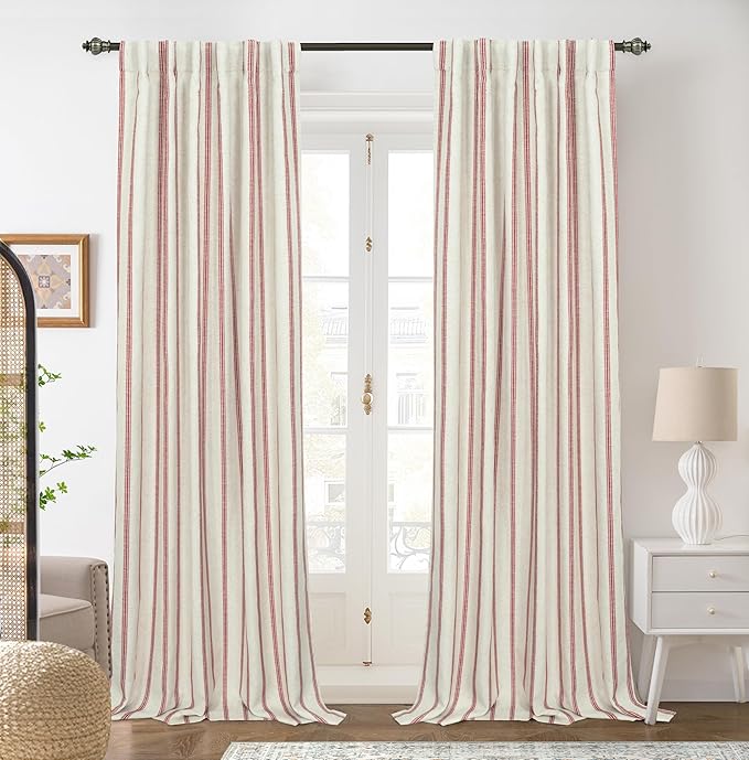 DriftAway Farmhouse Linen Blend Blackout Curtains 84 Inches Long for Bedroom Vertical Striped Printed Linen Curtains Thermal Insulated Lined Treatments for Living Room 2 Panels W52 x L84 Linen Red