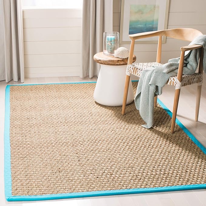 SAFAVIEH Area Rug 6' Square - Natural Fiber Collection - Natural & Turquoise, Seagrass, Basketweave Pattern with Border (NF114S)