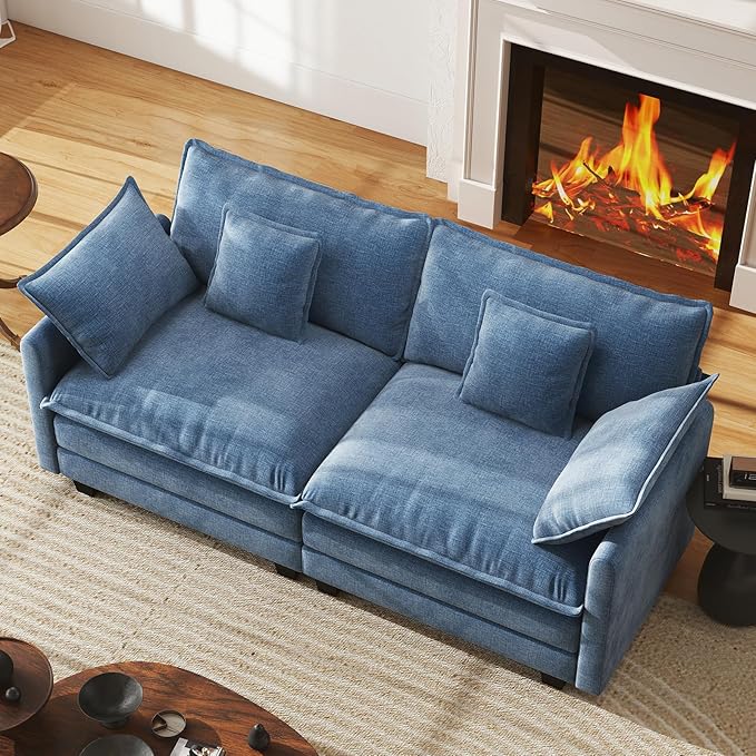WorthFurni 77 Inch Cloud Sofa Loveseat, Comfy Sectional Couch, 2-Seater Chenille Deep Seat Sofa with Throw Pillows for Living Room Bedroom Apartment (Blue)