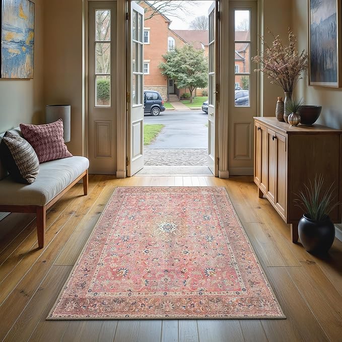 GLN Rugs Traditional Collection - Machine Washable Area Rug, Traditional Washable, Non Slip, Low Pile Chenille Rug, Living Room, Bedroom, Kitchen Rug (2'6"x7' Pink Vintage)