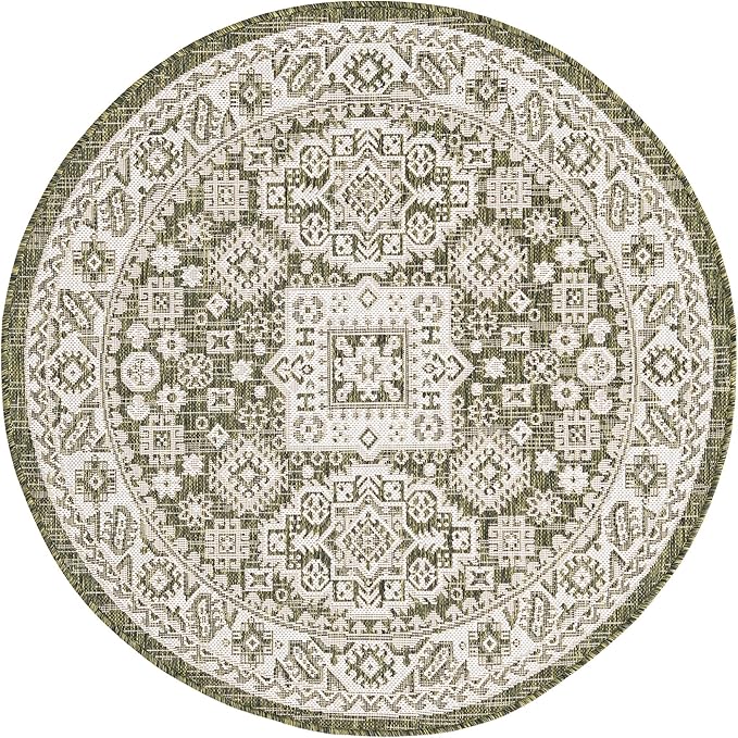 Rugs.com Outdoor Aztec Collection Rug – 4 Ft Round Green Flatweave Rug Perfect for Kitchens, Dining Rooms