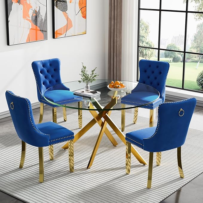 Round Glass Dining Table Set for 4, 47'' Clear Circular Kitchen Table and Chairs Set, 5PCS Modern Circle Dining Room Table Set with 4 Velvet Dining Chair for Home