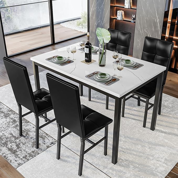 Hooseng Dining Table Set for 4, Modern Faux Marble Kitchen Table with 4 PU Leather Chairs, 5-Piece Small Dining Room Table Set for Dinette, Breakfast Nook