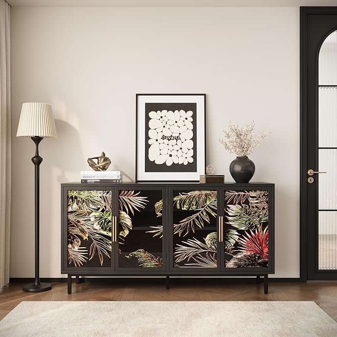 GDFStudio 60.3" Retro Buffet Sideboard Cabinet with 4 Glass Doors, Modern Glazed Painting Art Storage Cabinet Console Table, Artistic Tropical Glass Credenza Buffet for Living Room Dining Room, Black