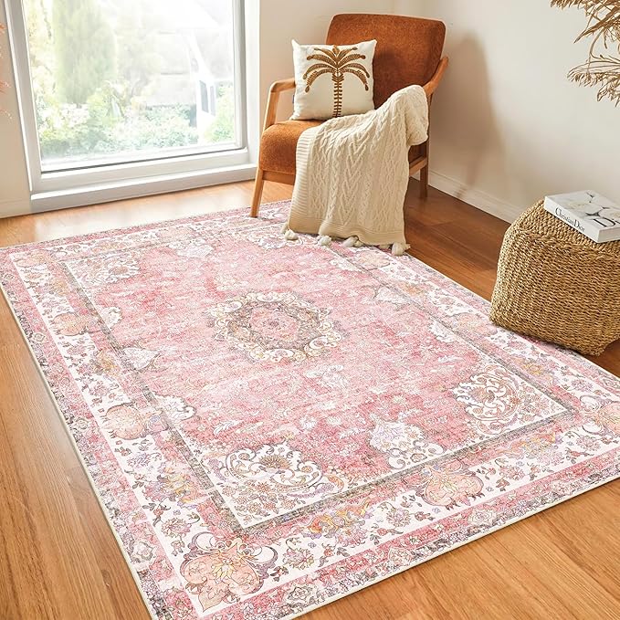 Pink Rug 4'x6.5',Washable Area Rugs for Bedroom Living Room Kitchen Entryway Bedside,Small Boho Vintage Bohemian Distressed Oriental Non Slip Carpet,Blush Floral Flowers