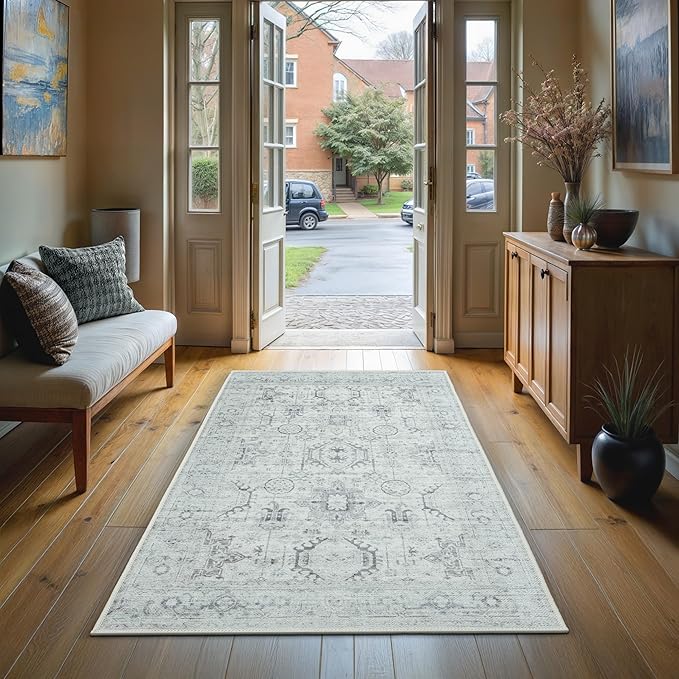 GLN Rugs Bohemian Collection - Machine Washable Area Rug, Bohemian Vintage, Non Slip, Low Pile Chenille Rug, Living Room, Bedroom, Bathroom Rug (2'6"x7' Beige and Gray)