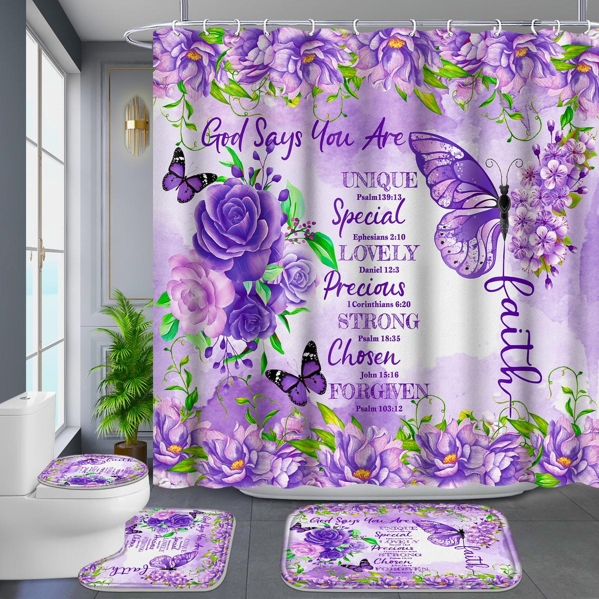 Poedist 4-Piece Purple Pink Butterfly Bathroom Set with Non-Slip Rug, Toilet Seat and Floor Mat (with 12 Hooks), Floral Shower Curtain Set, Bathroom Set with Rug and Accessories