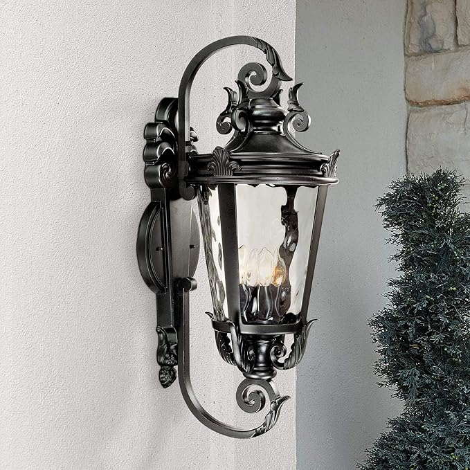 John Timberland Casa Marseille European Outdoor Wall Light Fixture Textured Black Scroll Arm 31" Clear Hammered Glass for Exterior House Porch Patio Outside Deck Garage Yard Front Door Home