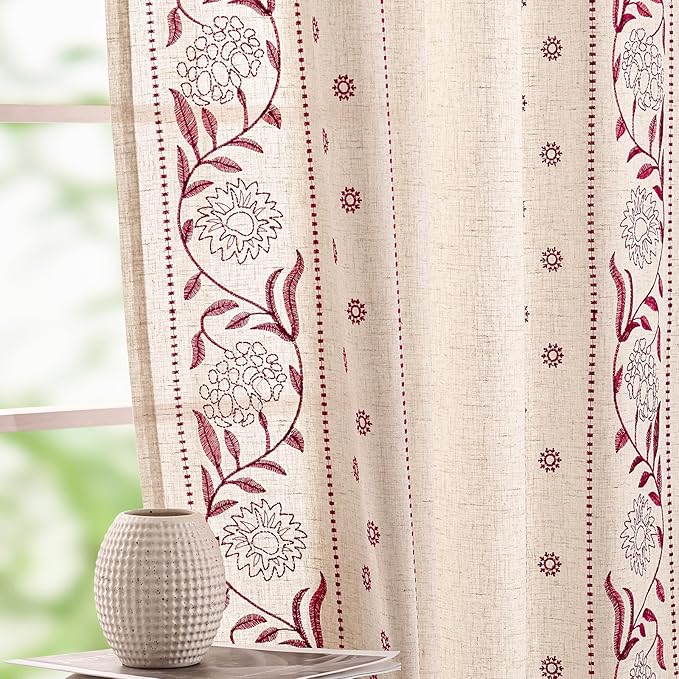 jinchan Winslow Linen Curtains for Bedroom 63 Inches Length Embroidered Bordered Floral Curtains for Living Room Farmhouse Decor Light Filtering Window Treatments Red on Beige Drapes 2 Panels