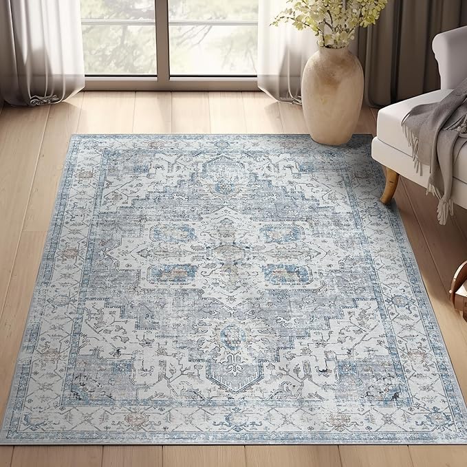 jinchan Oriental 3x5 Area Rugs for Entryway - Machine Washable Non-Slip Doormat Ultra-Thin Low-Pile Vintage Floral Distressed Accent Rug for Entrance Bedroom Kitchen Living Room（3x5ft, Grey/Blue