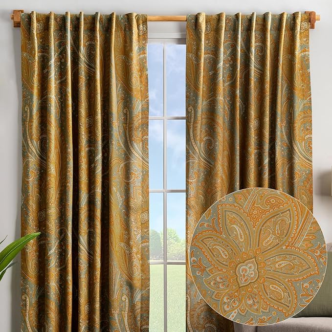 Maison d' Hermine Curtains for Living Room 100% Cotton 96 inch Length Two Panels Light Filtering Curtains for Bedroom Windows with Rod and Loop Pockets (Kashmir Paisley Forest Green, 50" W x 96" L)