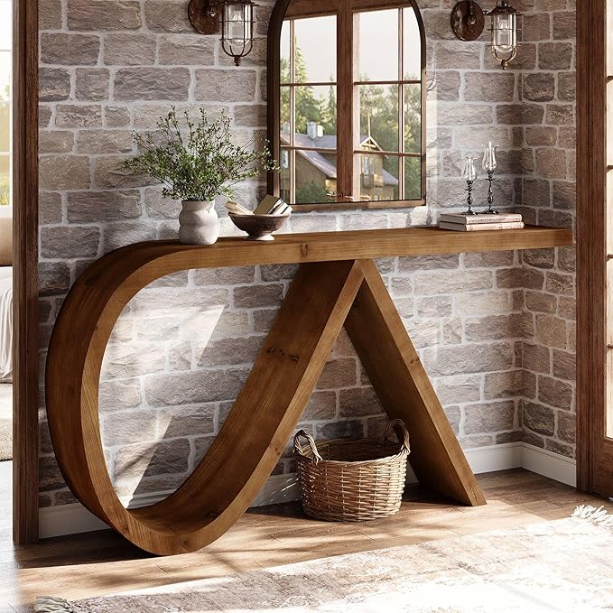 Solid Wood Console Table, 57" Curved Entryway Table, Narrpw Long Sofa Table Behind Couch, Farmhouse Accent Tables for Hallway, Entrance, Foyer, Living Room, Walnut Brown