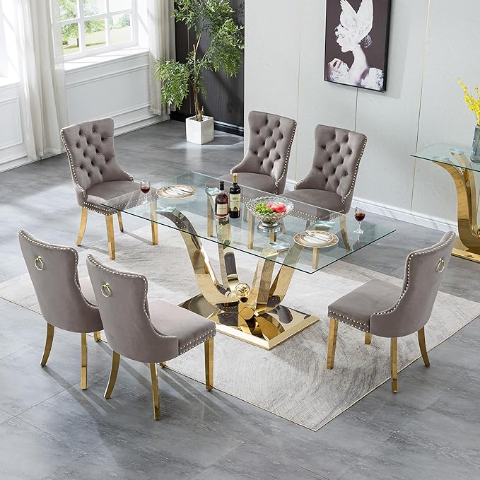 7-Piece Glass Dining Table Set w/6 Gray Upholstered Dining Chairs, 70in Rectangular Large Kitchen Table Set for 6, Glass and Gold Dining Table and Chair Set for 6