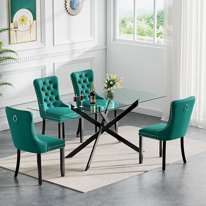 HomVent 5 Piece Rectangular Glass Dining Table Set, Tempered Glass Dinner Table Set for 4 Kitchen Table Set with 4 Velvet Upholstered Chairs for Kitchen Dining Room