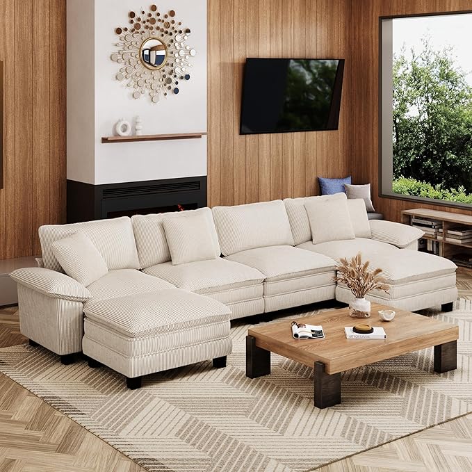 157-Inch U Shaped Sectional Sofa with Cloud Cushions, Deep Seat Modular Couch Set w/ 6 Seats & 2 Ottomans, Removable Arms, Plush Corduroy Upholstery for Living Room, Apartment - Beige