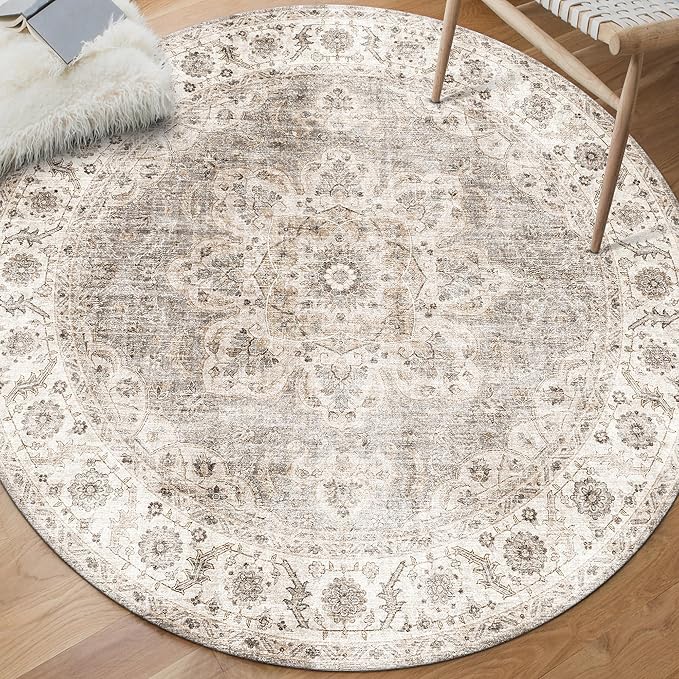 ReaLife Rugs Machine Washable Area Rug - Living Room Bedroom Bathroom Kitchen Entryway Office - Padded Low Pile Stain Resistant Premium - Boho Farmhouse Vintage - Joy - Beige Ivory 6' Round