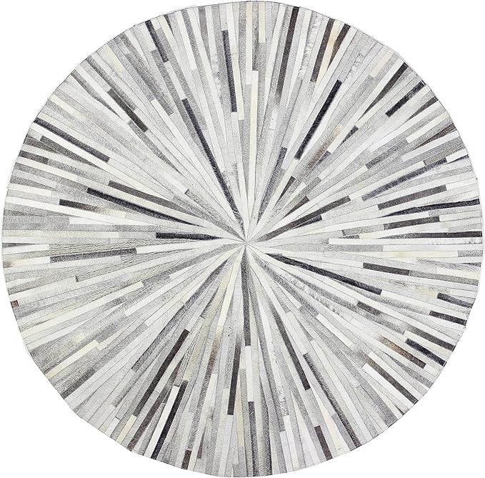 Premium Cowhide Leather Round Area Rug, Handmade Carpet for Living Room, Bedroom, Entryway, Stripes Pattern Rugs for High Traffic Areas Color: Grey, Size: 5X5 ft