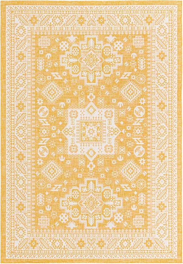 Rugs.com Outdoor Aztec Collection Rug – 7' x 10' Yellow Flatweave Rug Perfect for Living Rooms, Large Dining Rooms, Open Floorplans