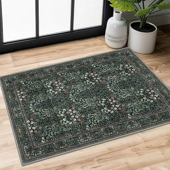 2x3 Washable Area Rug, Dark Green Soft Rug for Entryway, Non-Slip Indoor Door Mat Boho Low-Pile Kitchen Rugs, Floor Modern Carpet for Entrance Kitchen Bedside Farmhouse